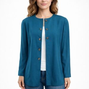 Vintage SILX 100% Silk Teal Blue Longline Blazer Jacket Petite 3P